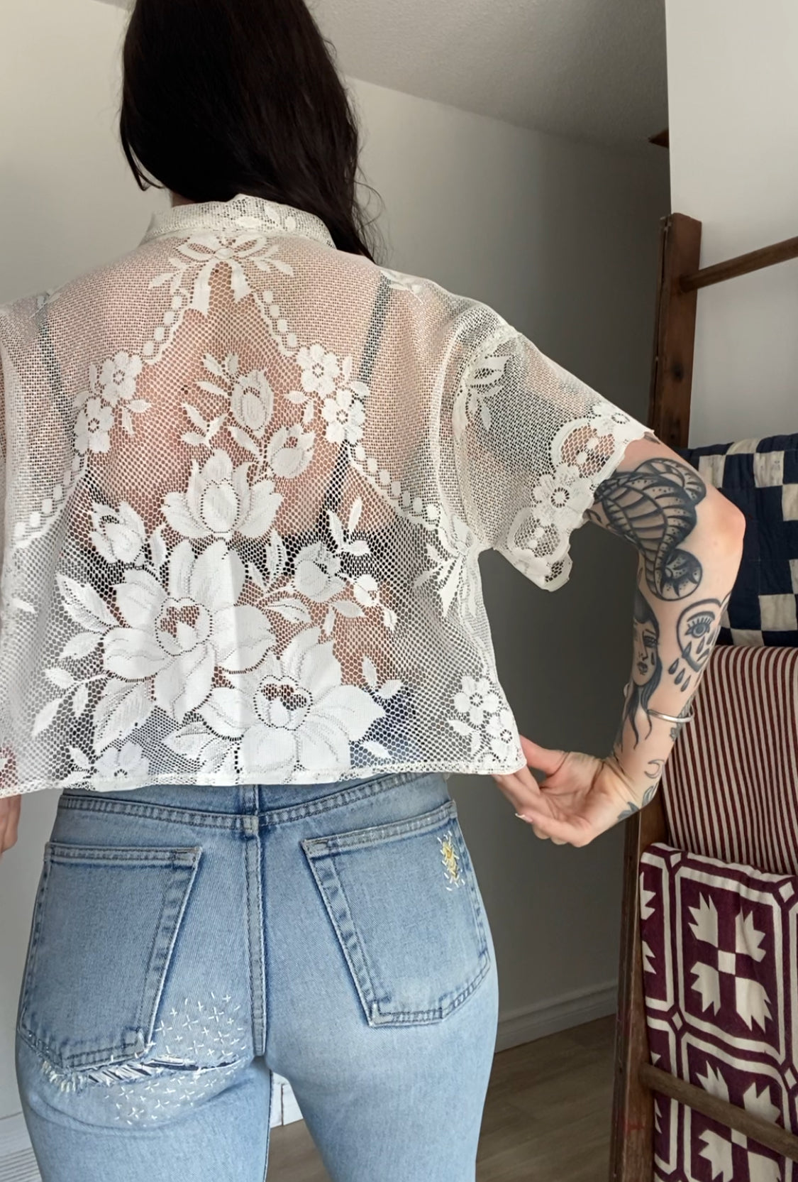 Upcycled Tie-front Lace Blouse II