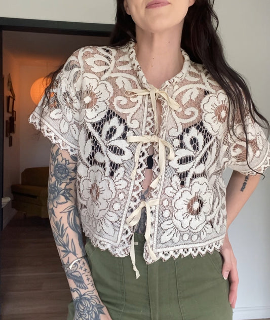 Upcycled Tie-front Lace Blouse