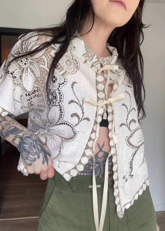 Upcycled Tie-front Lace Blouse
