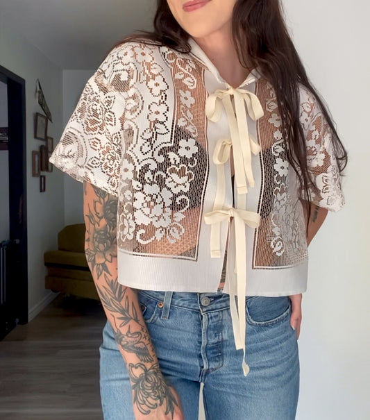 Upcycled Tie-front Lace Blouse