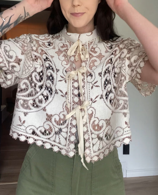 Upcycled Tie-front Lace Blouse