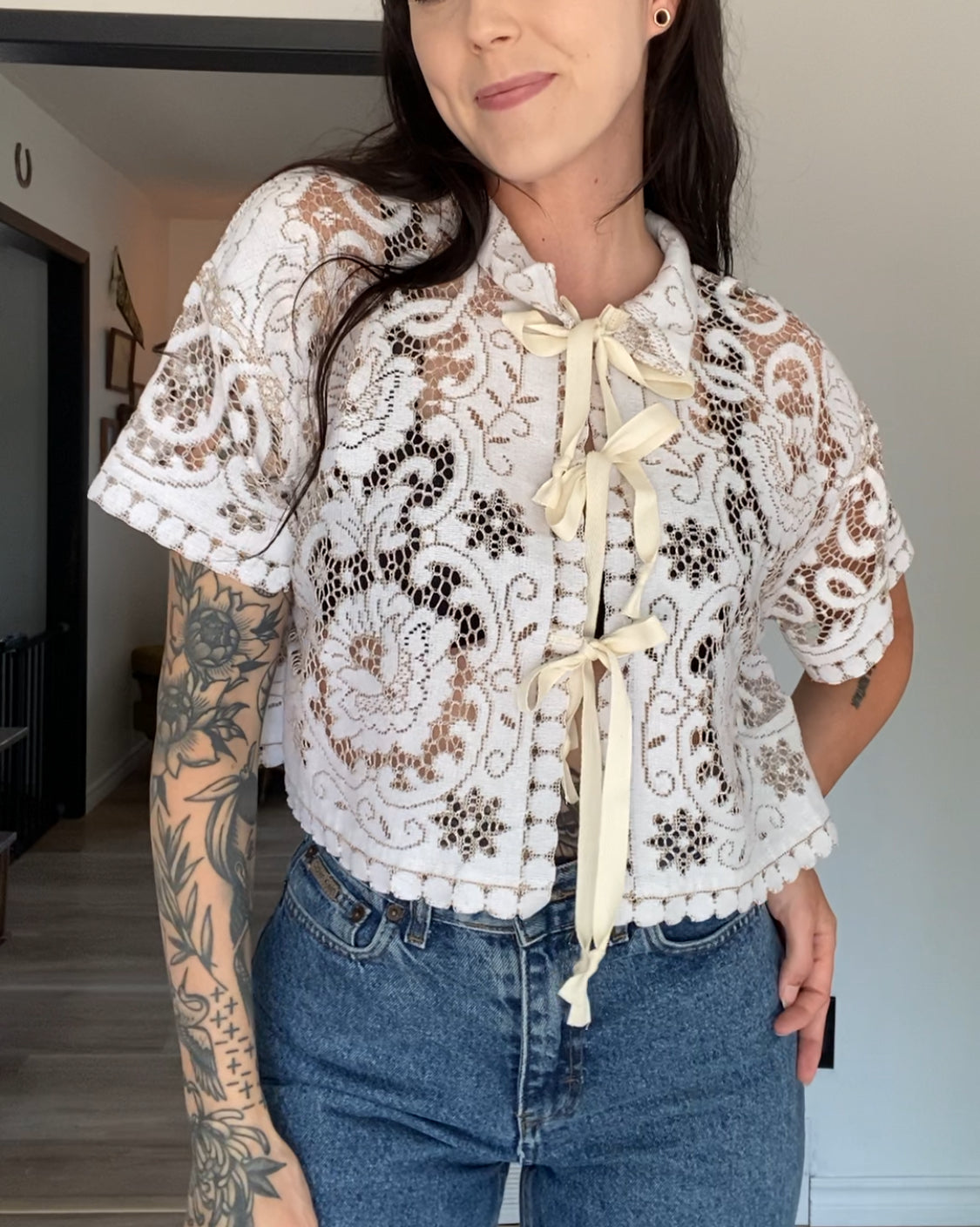 Upcycled Tie-front Lace Blouse II