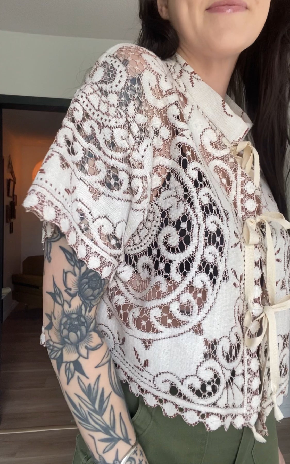 Upcycled Tie-front Lace Blouse