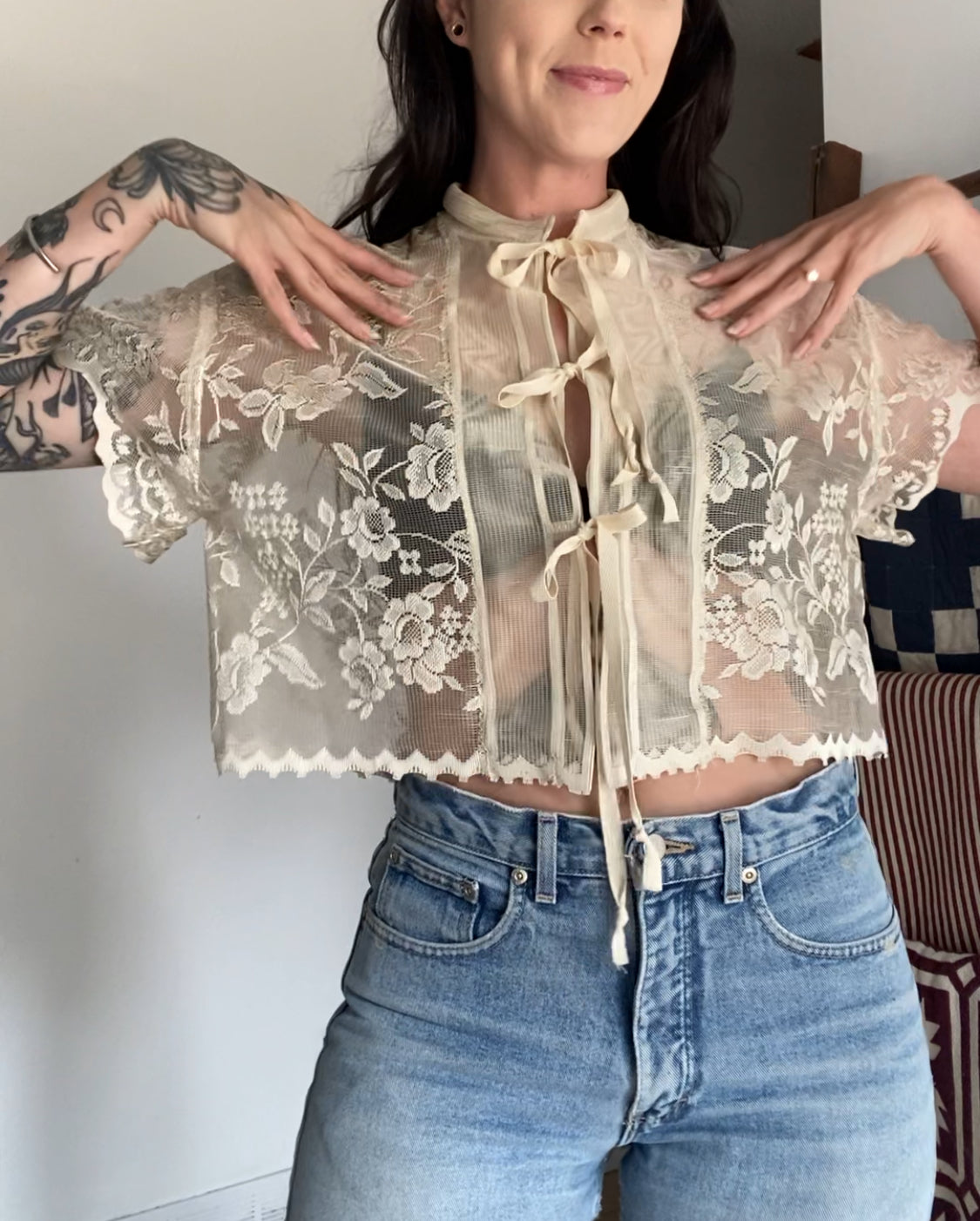 Upcycled Tie-front Lace Blouse II