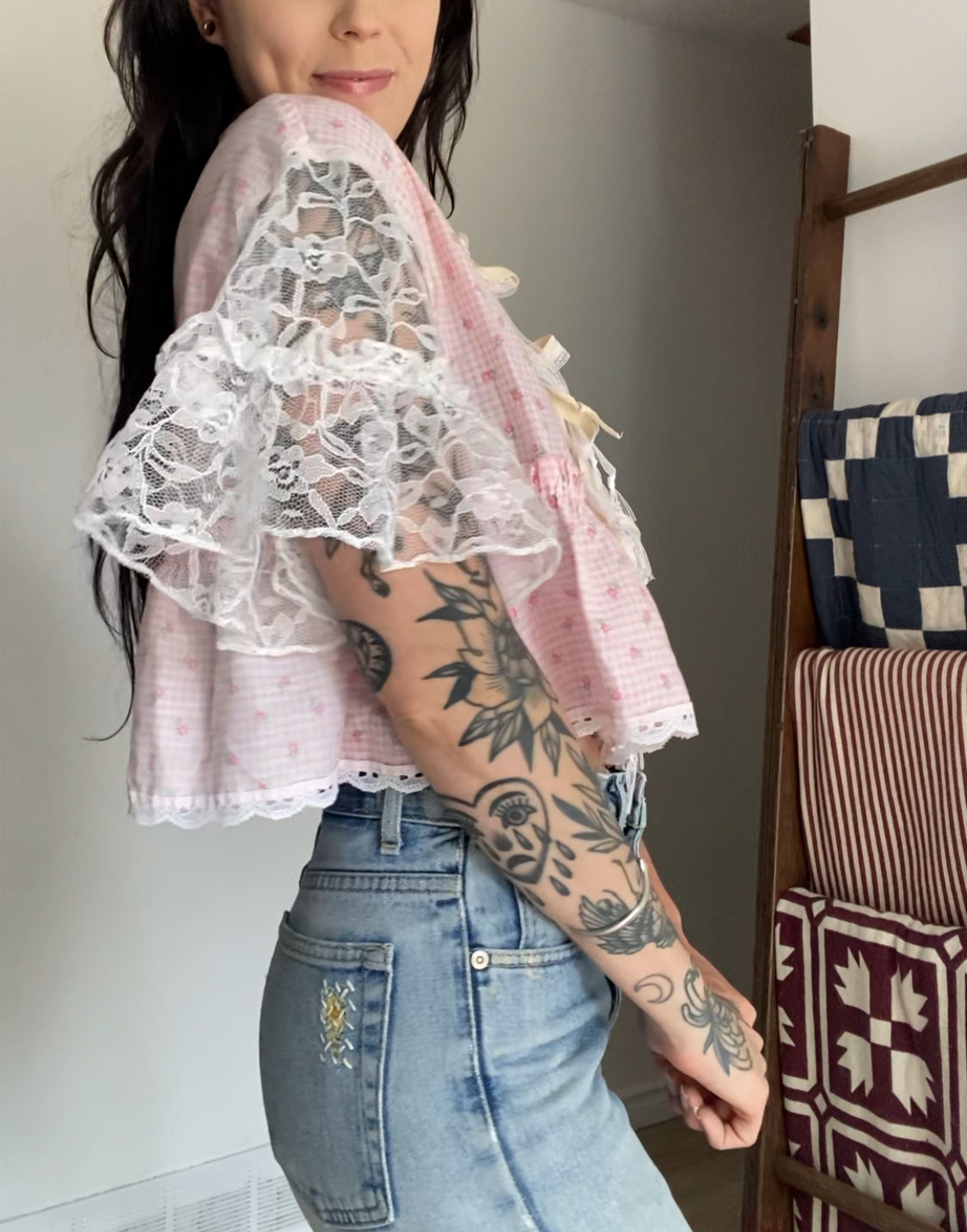 Upcycled Tie-front Frills & Lace Blouse