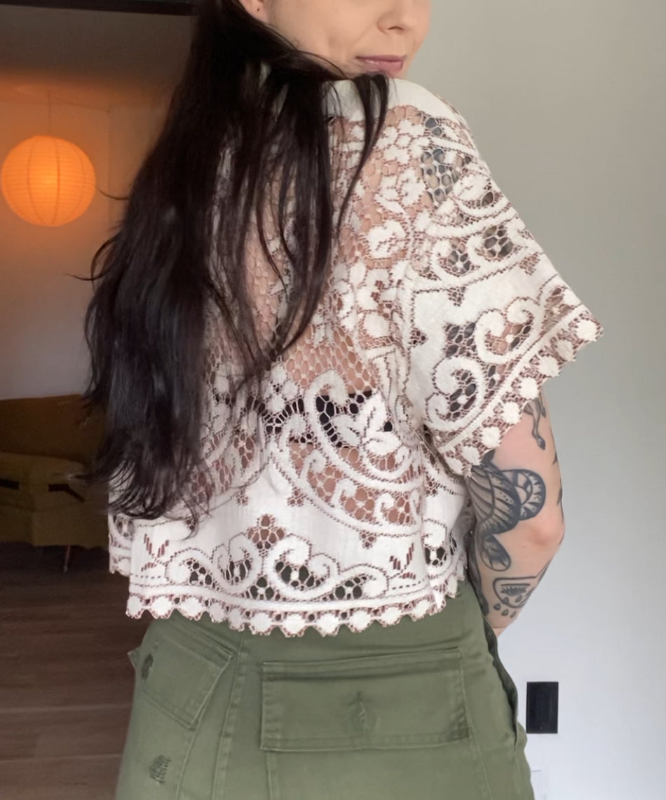 Upcycled Tie-front Lace Blouse