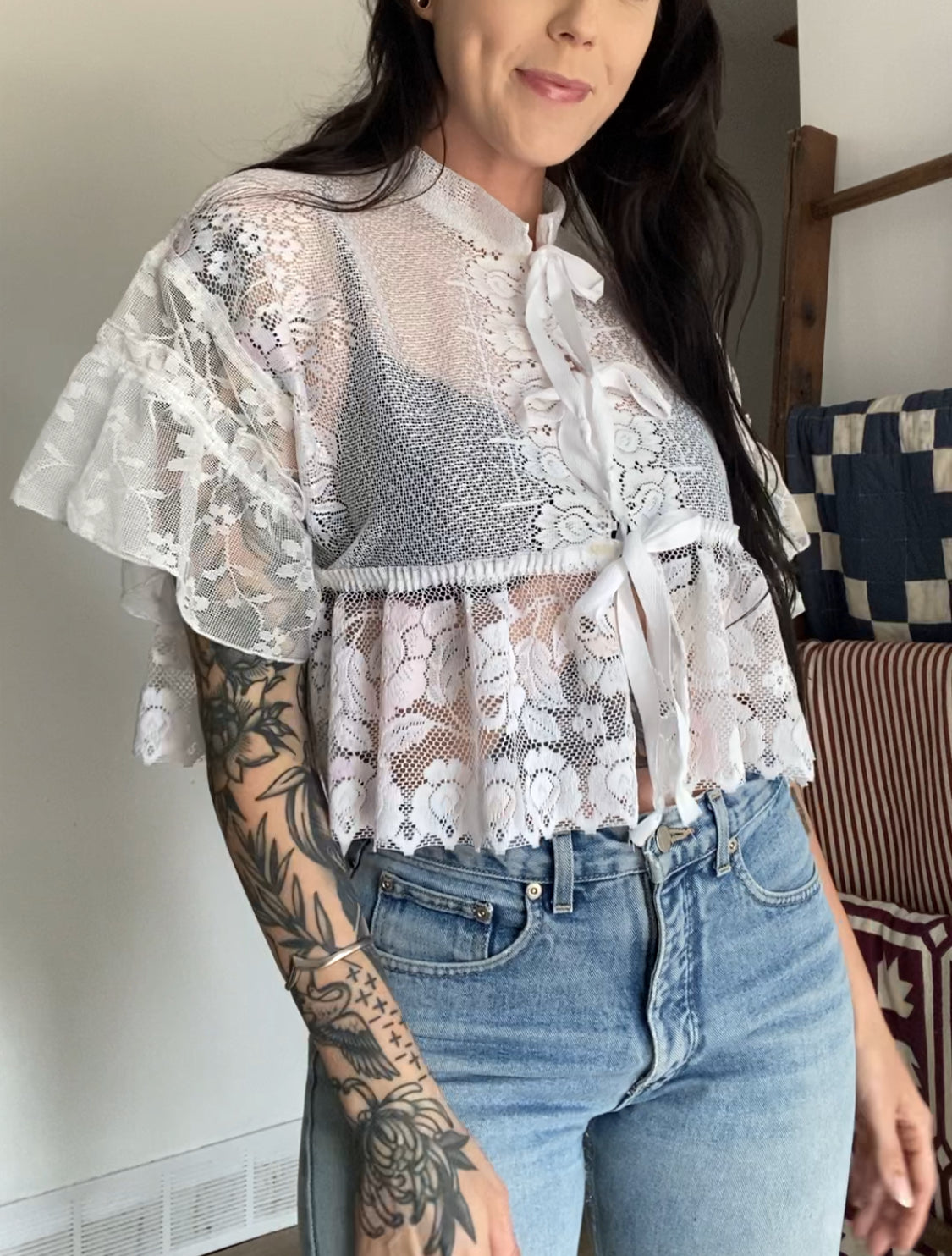 Upcycled Tie-front Frilly Lace Blouse