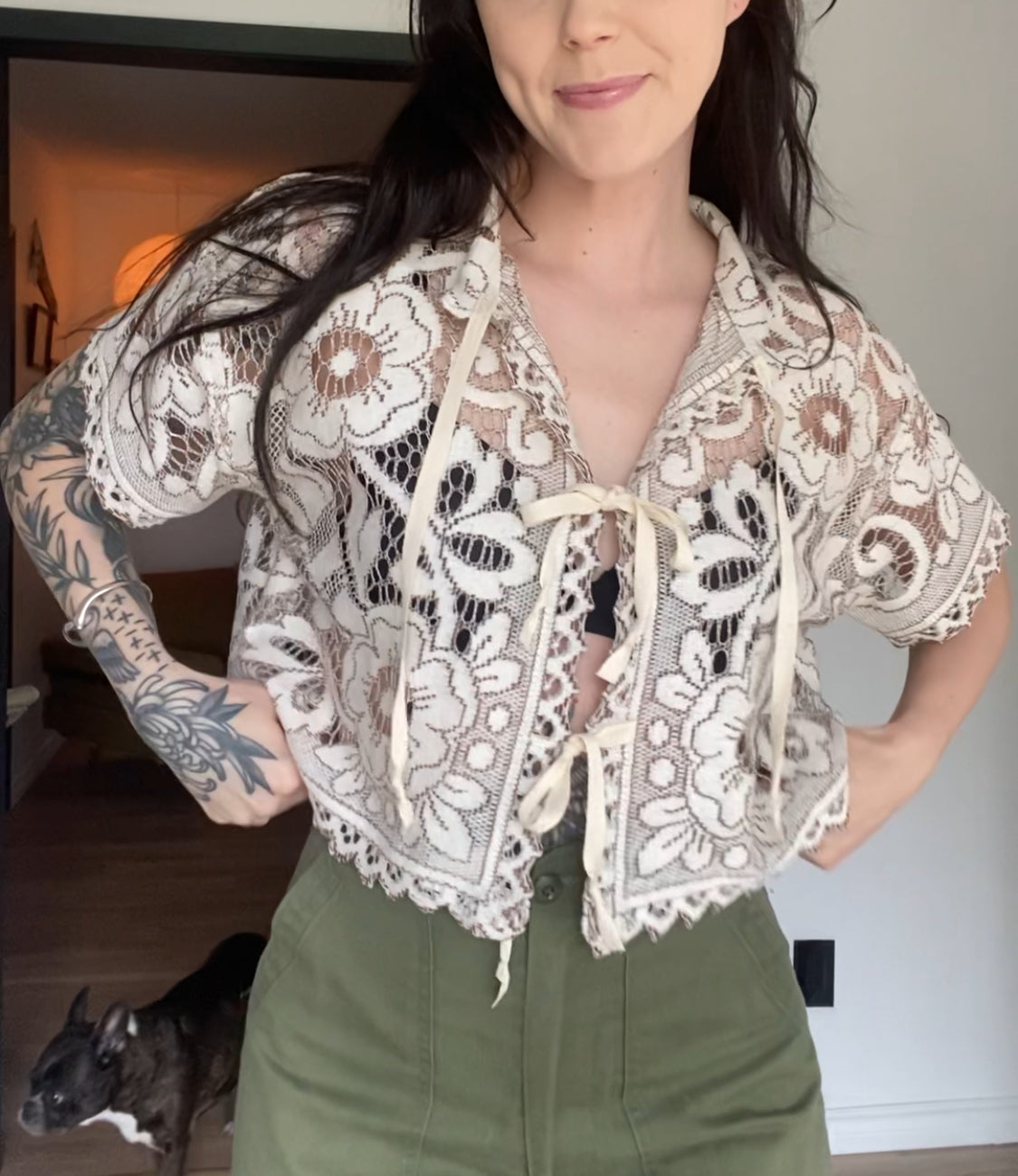 Upcycled Tie-front Lace Blouse