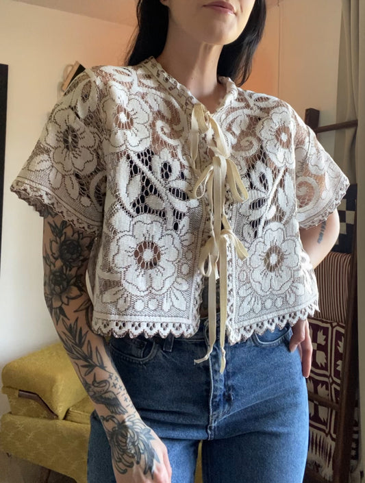 Upcycled Tie-front Lace Blouse