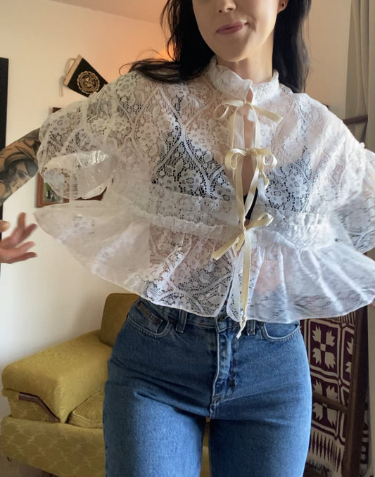 Upcycled Tie-front Lace Blouse