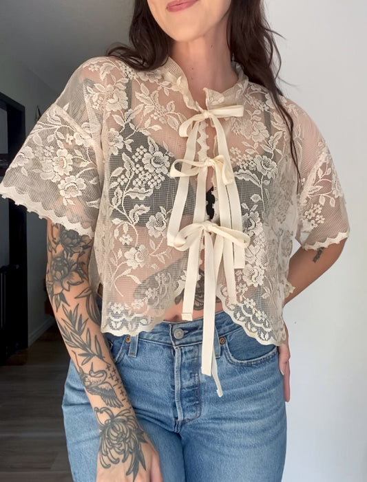 Upcycled Tie-front Lace Blouse