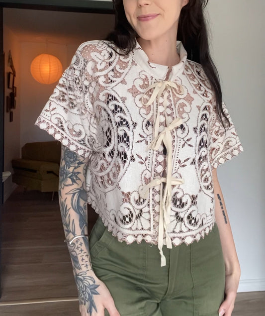 Upcycled Tie-front Lace Blouse