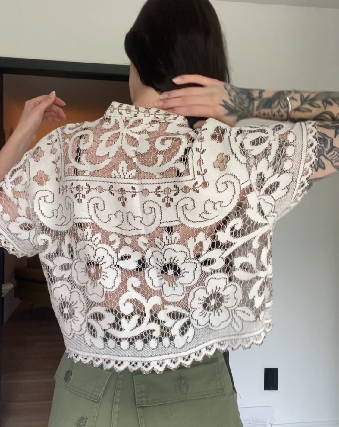 Upcycled Tie-front Lace Blouse