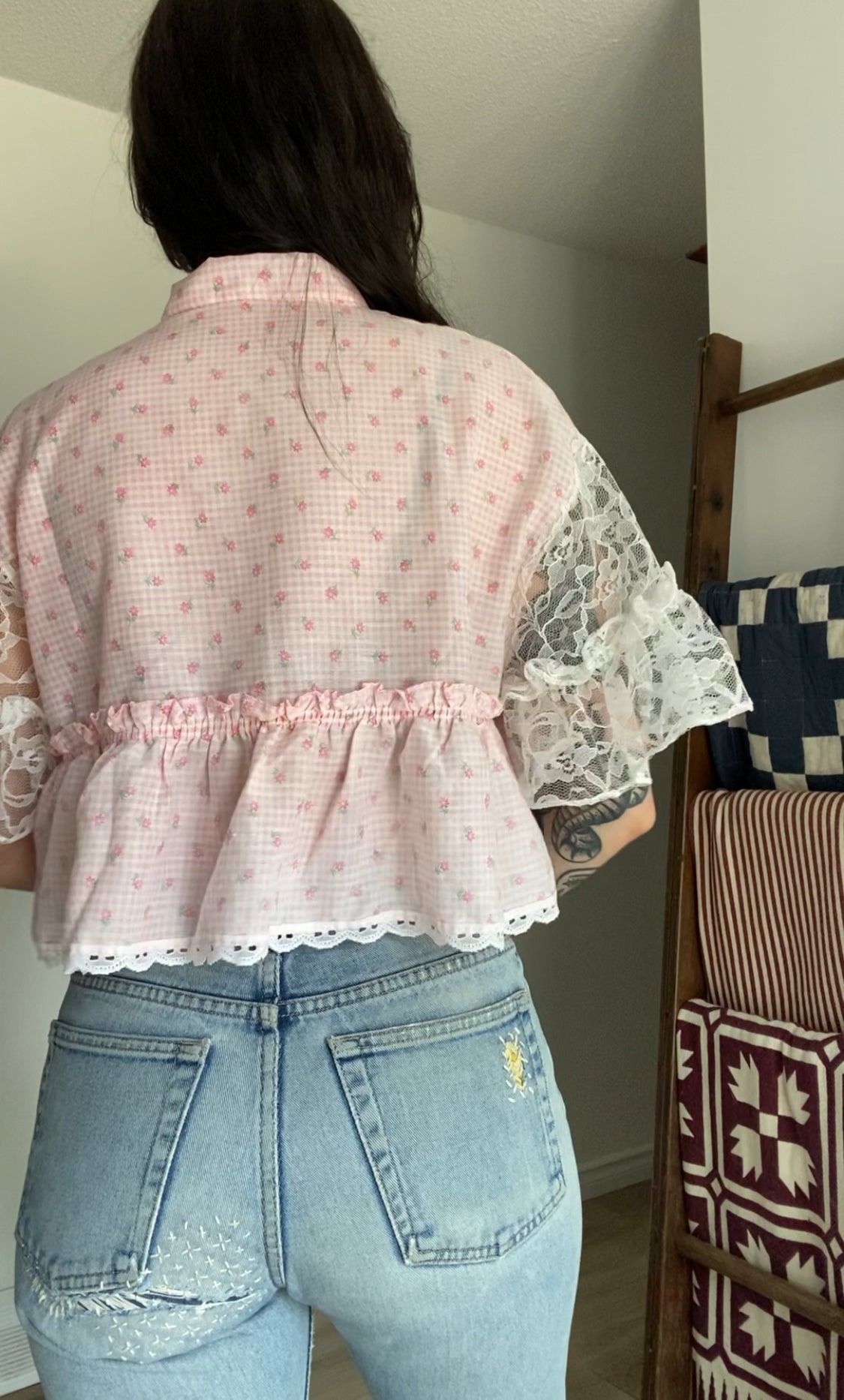 Upcycled Tie-front Frills & Lace Blouse