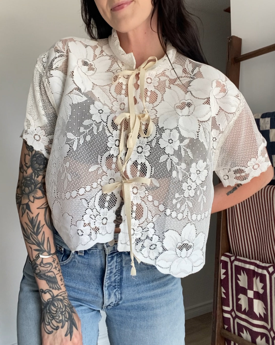 Upcycled Tie-front Lace Blouse II