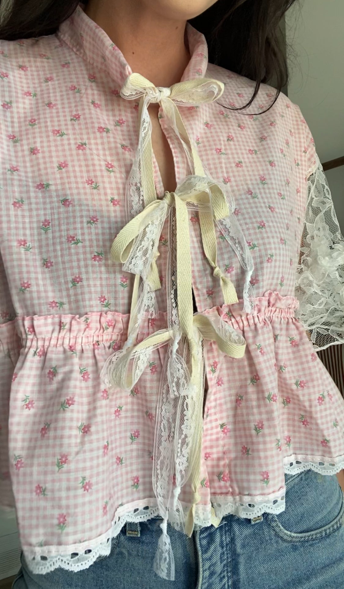 Upcycled Tie-front Frills & Lace Blouse