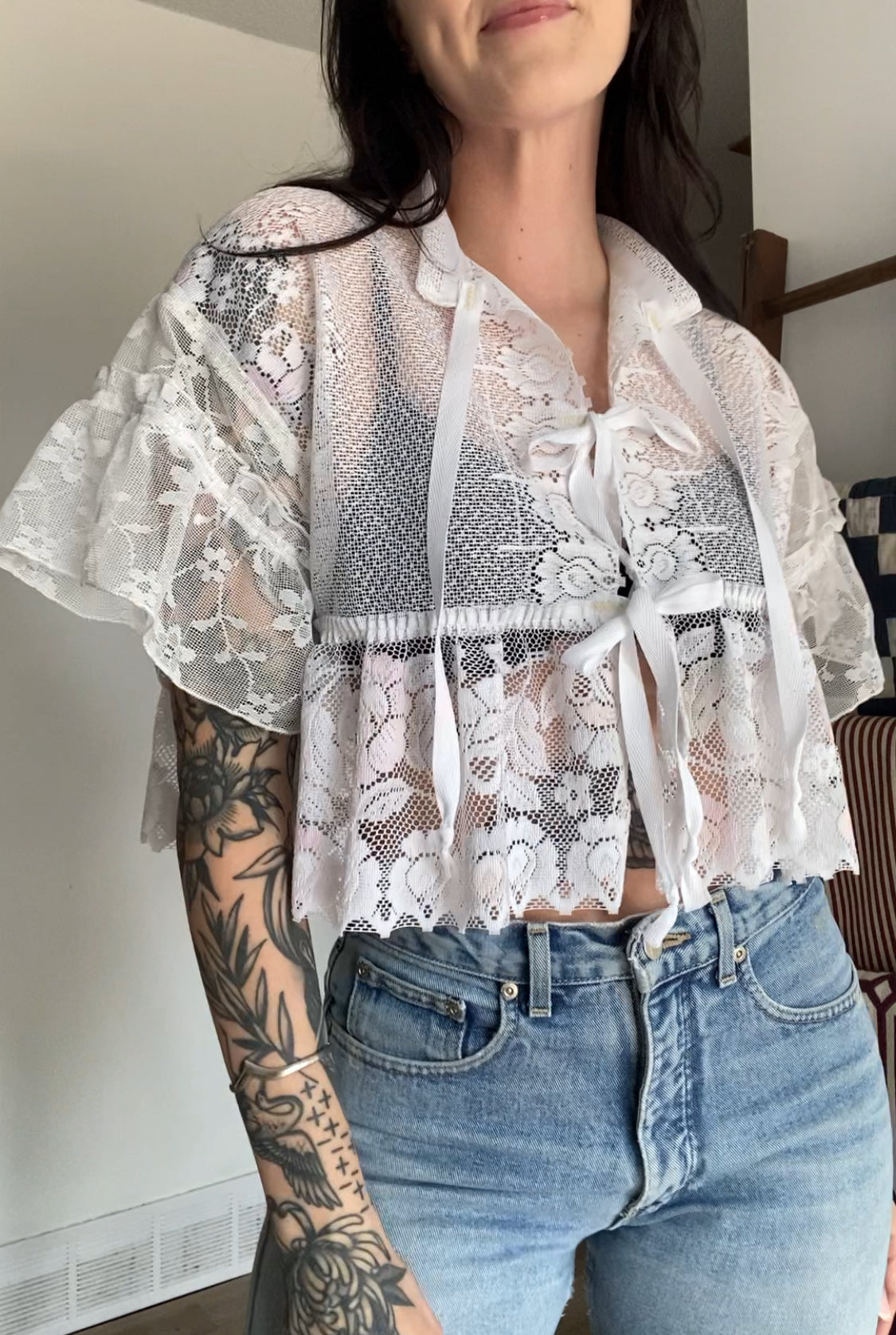 Upcycled Tie-front Frilly Lace Blouse