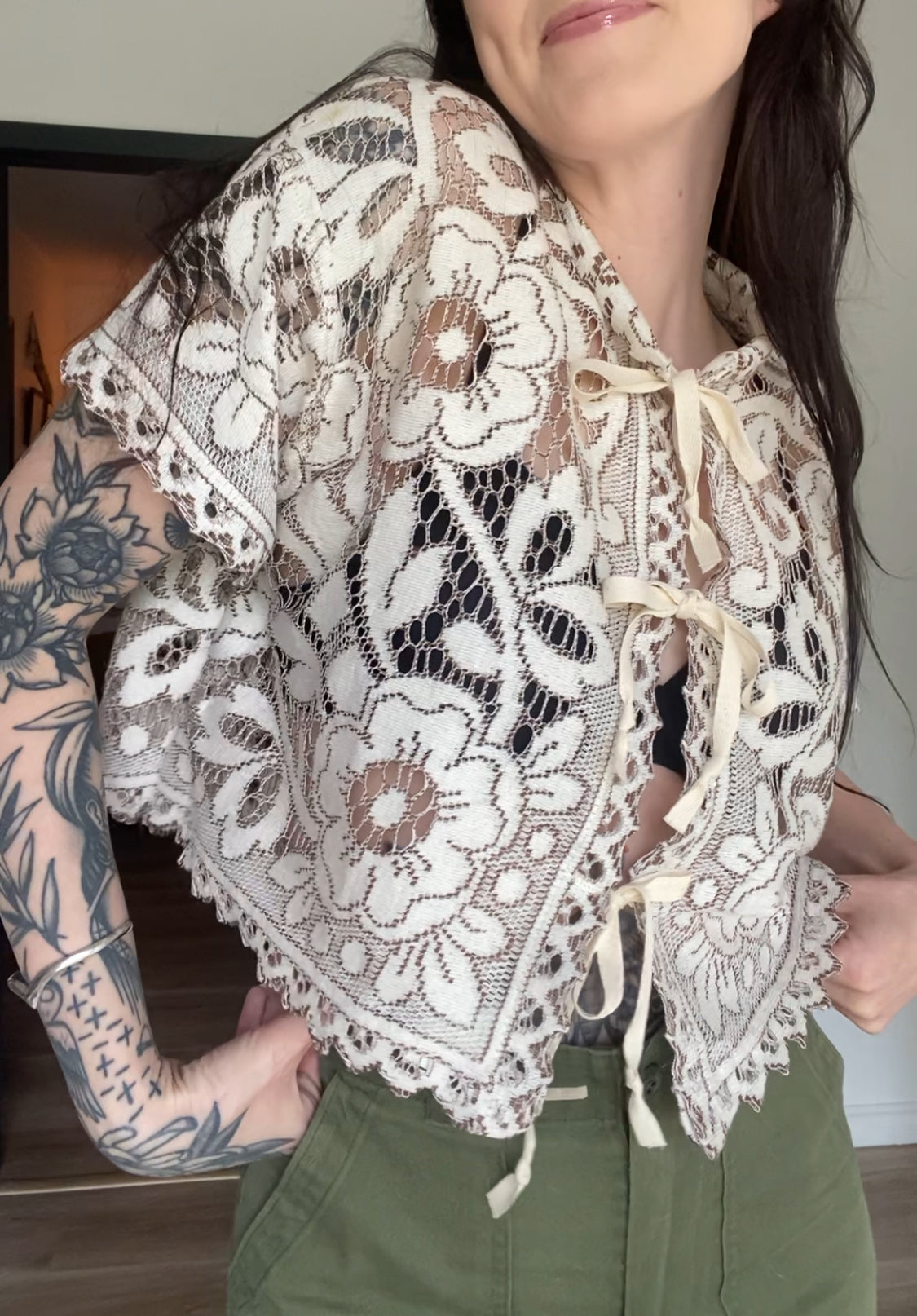 Upcycled Tie-front Lace Blouse