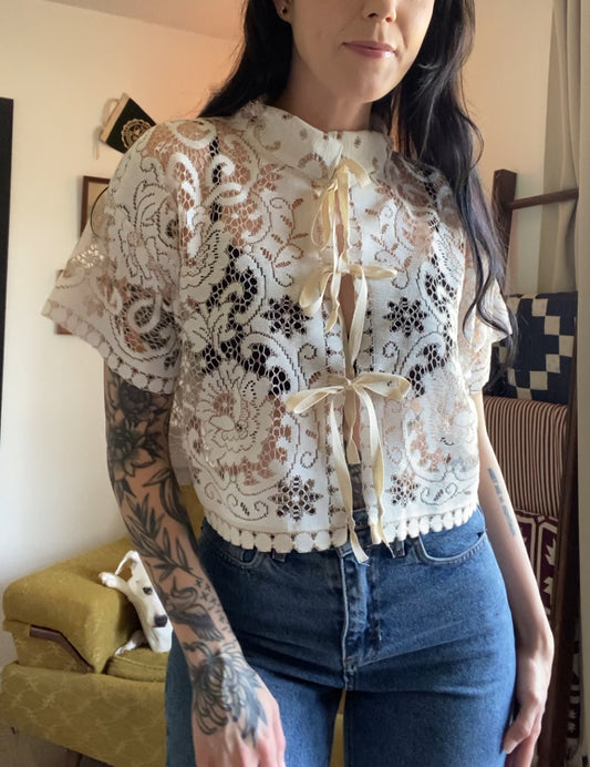 Upcycled Tie-front Lace Blouse