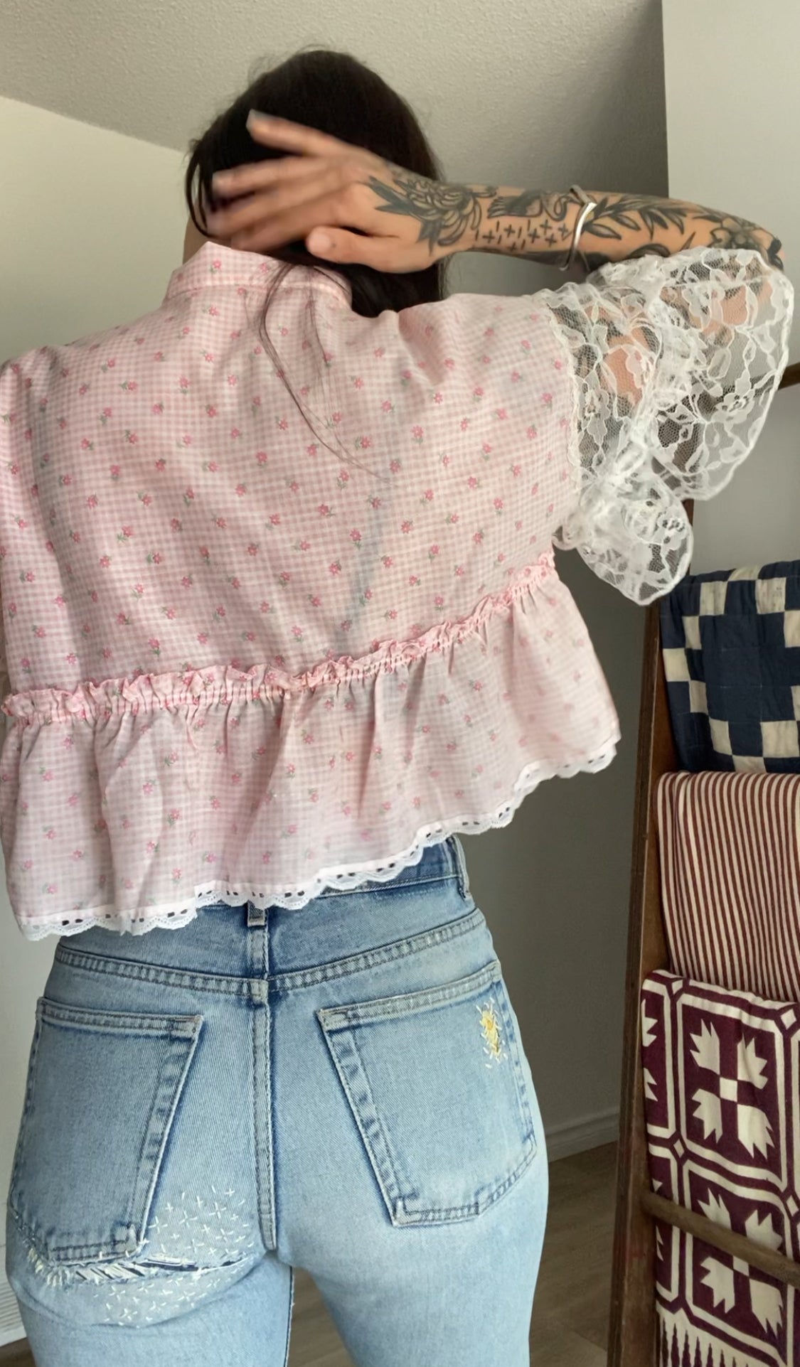 Upcycled Tie-front Frills & Lace Blouse