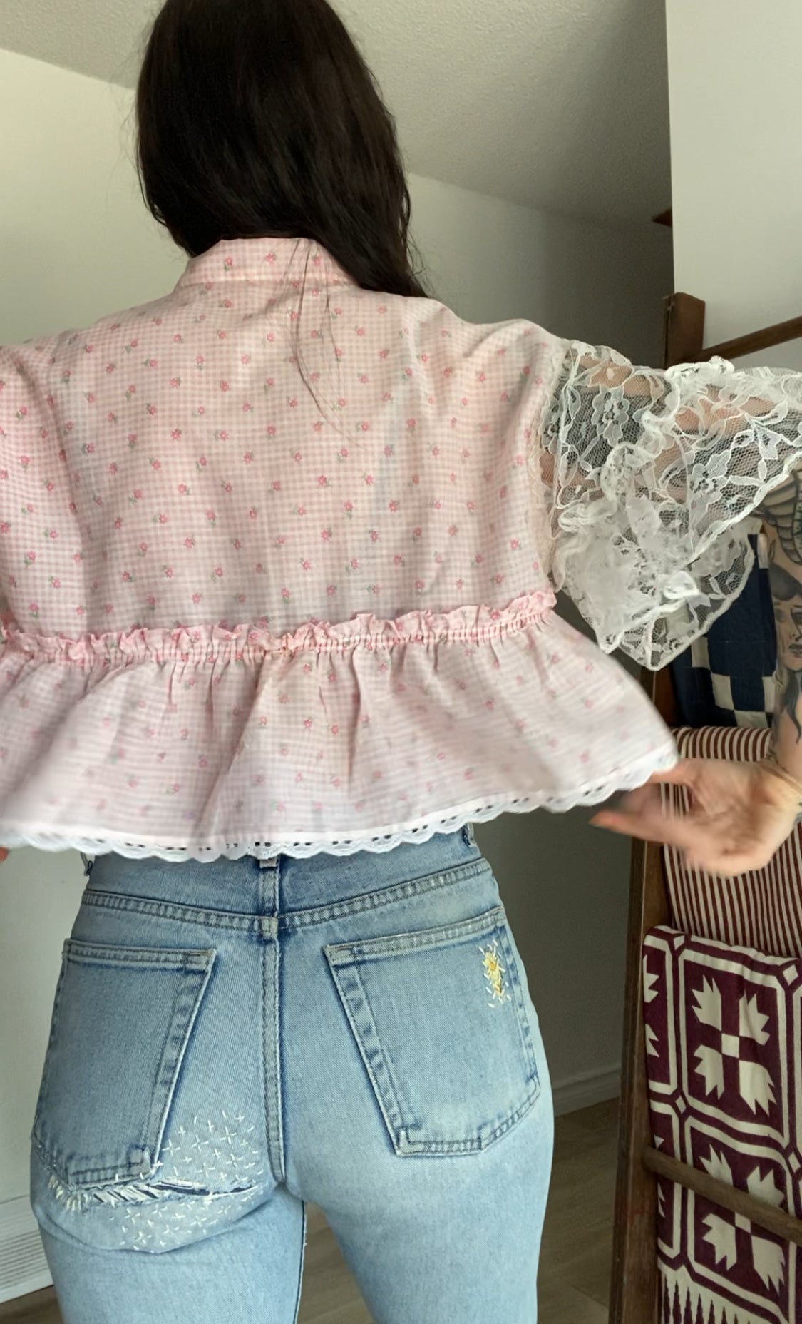 Upcycled Tie-front Frills & Lace Blouse