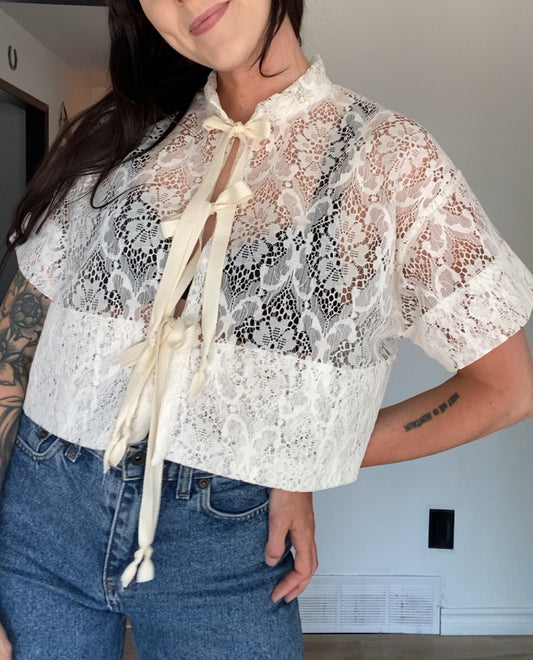 Upcycled Tie-front Lace Blouse