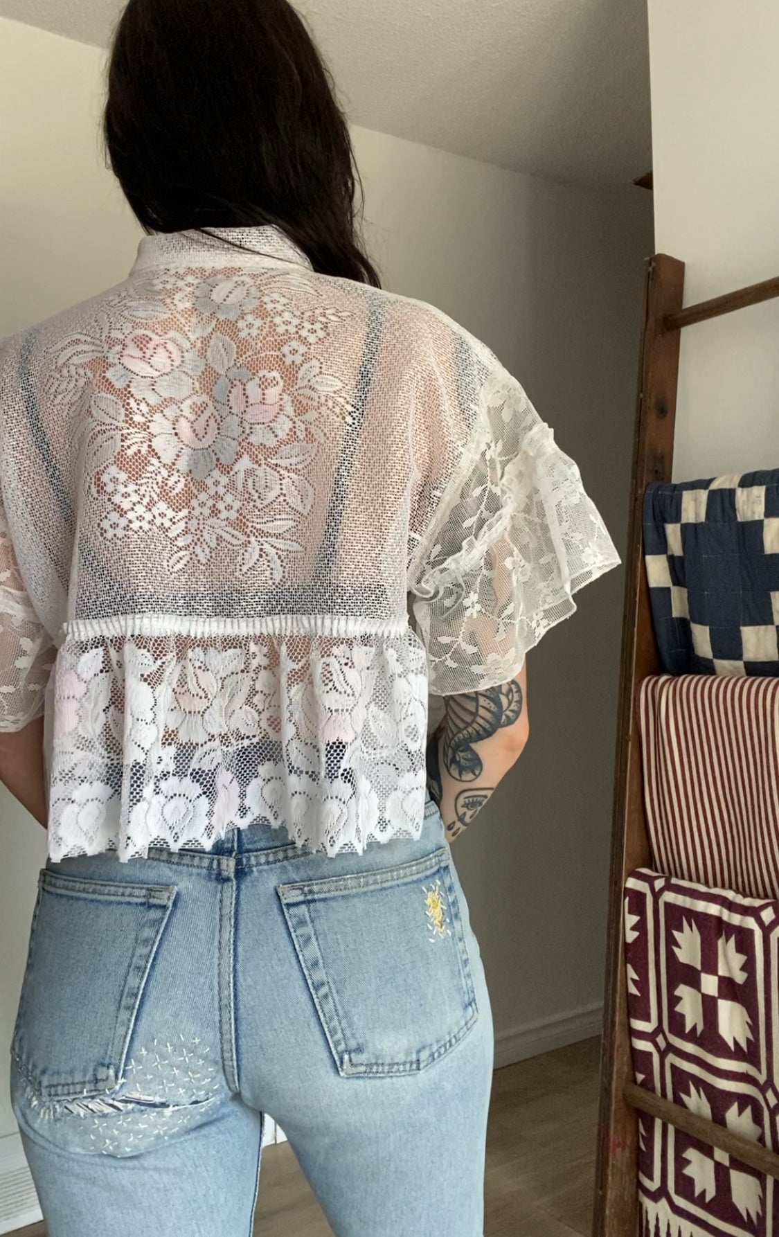 Upcycled Tie-front Frilly Lace Blouse
