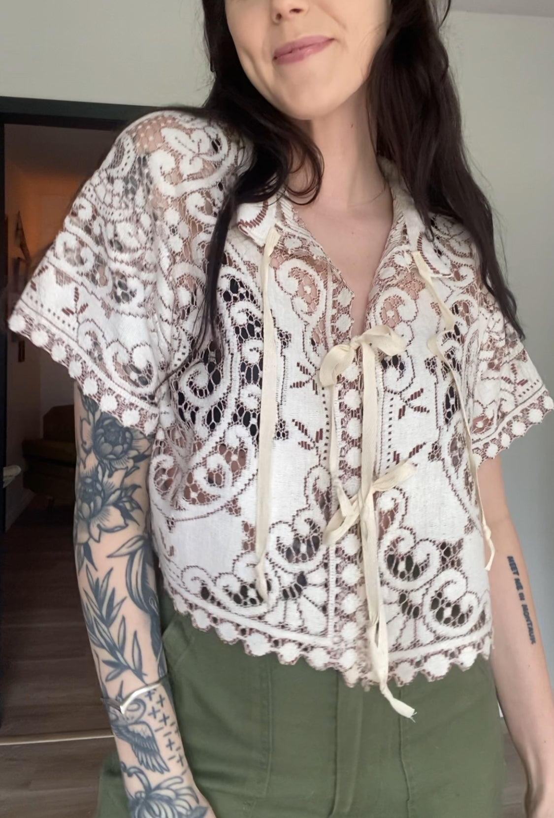 Upcycled Tie-front Lace Blouse