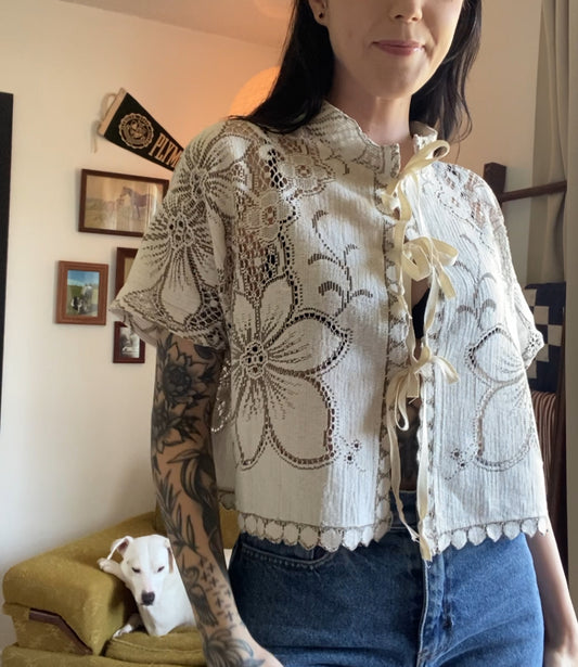 Upcycled Tie-front Lace Blouse