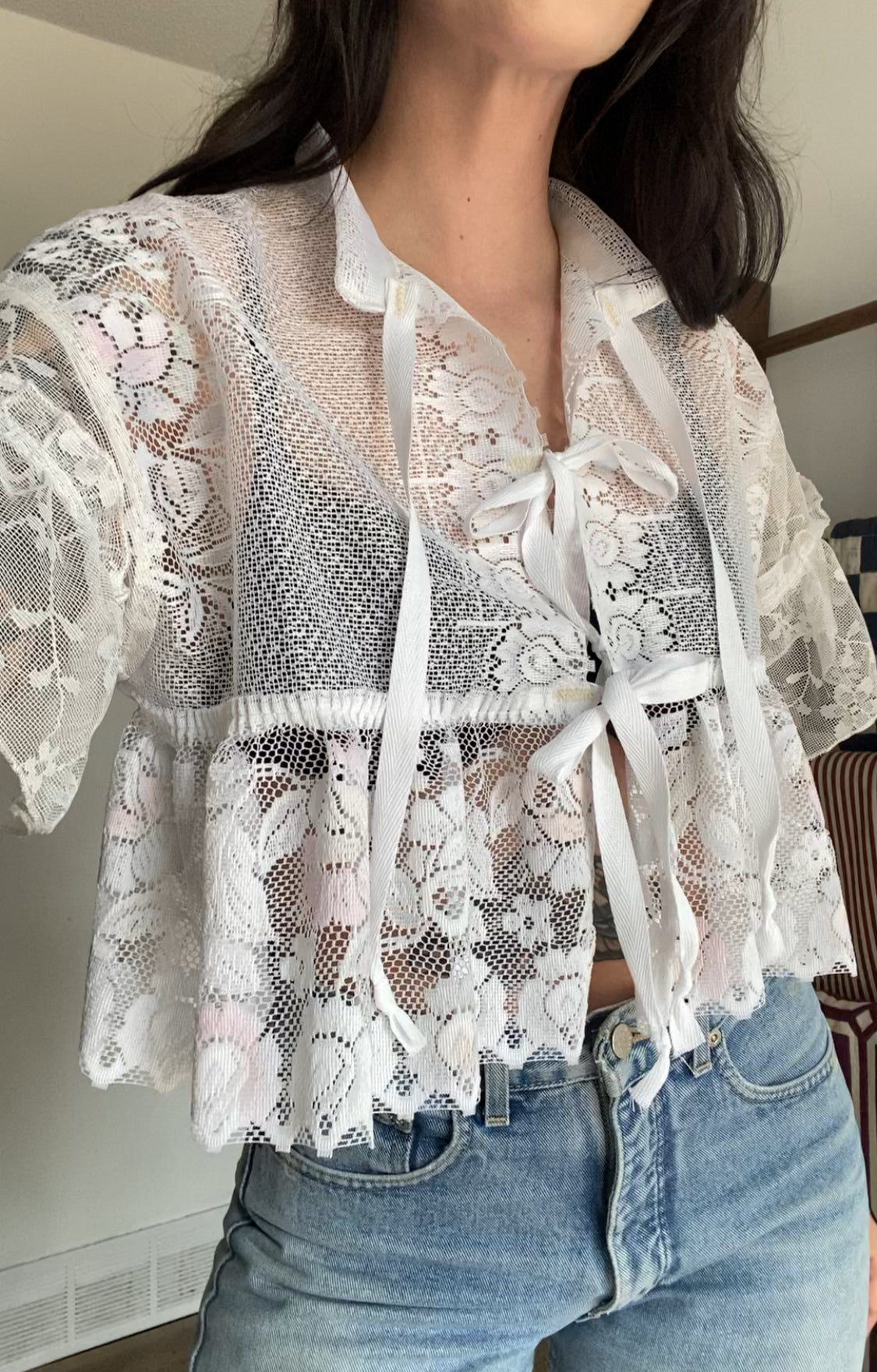 Upcycled Tie-front Frilly Lace Blouse
