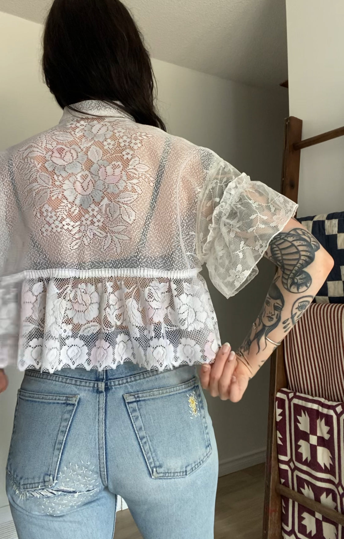 Upcycled Tie-front Frilly Lace Blouse