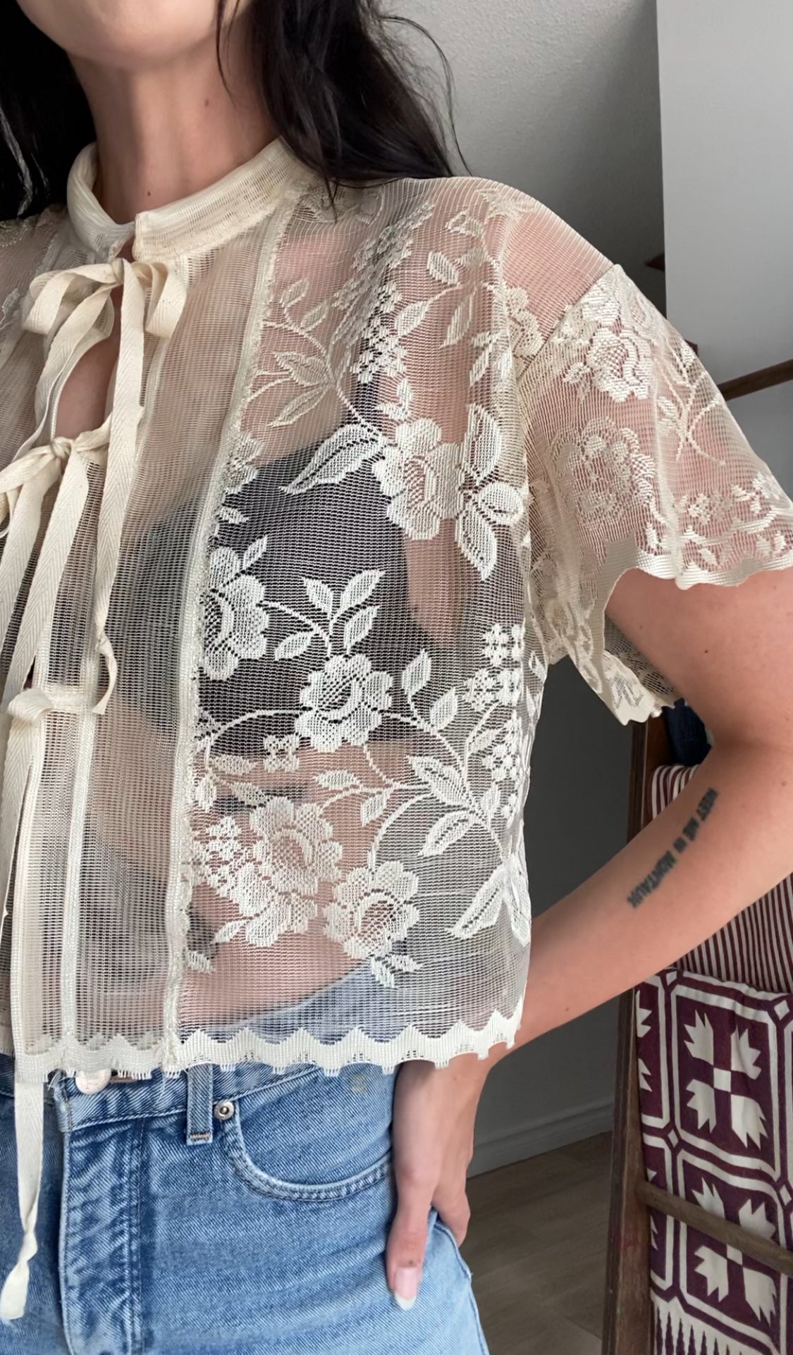 Upcycled Tie-front Lace Blouse II