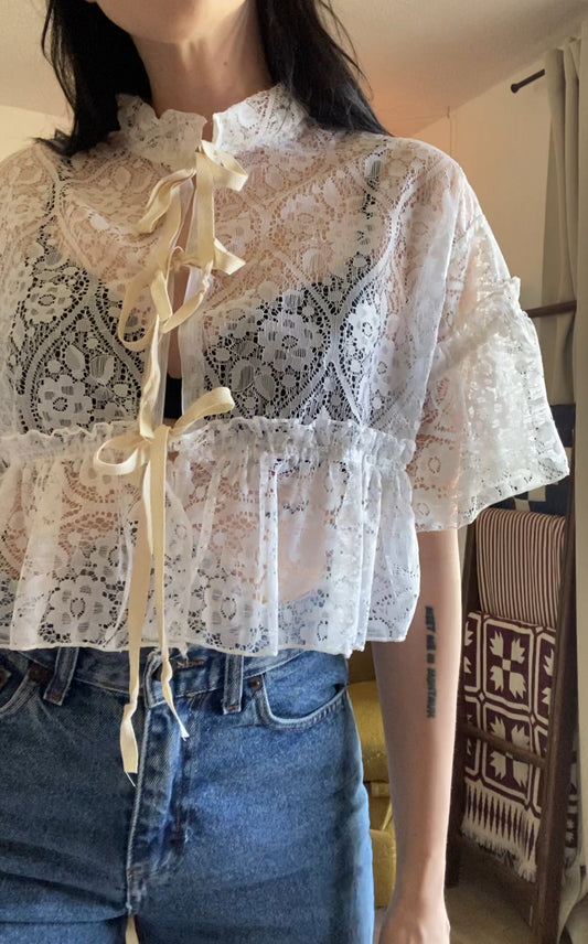 Upcycled Tie-front Lace Blouse