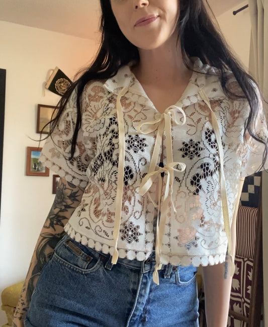 Upcycled Tie-front Lace Blouse