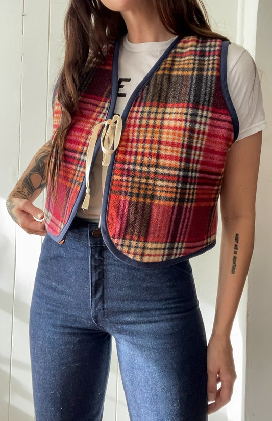 S/M Upcycled Plaid Fleece Vest