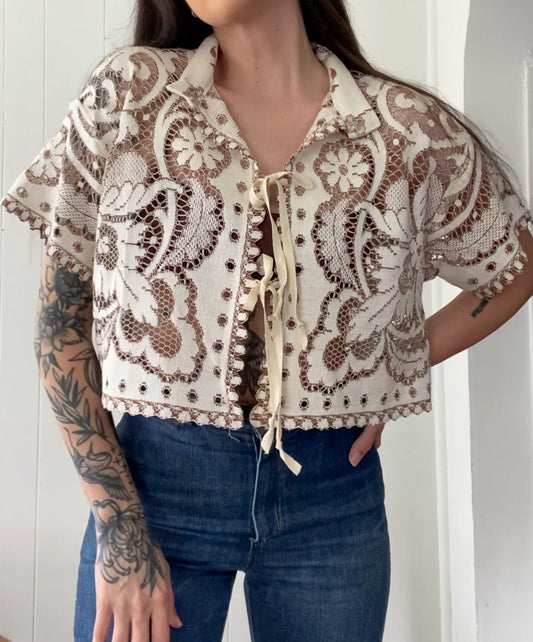Upcycled Tie Front Lace Blouse