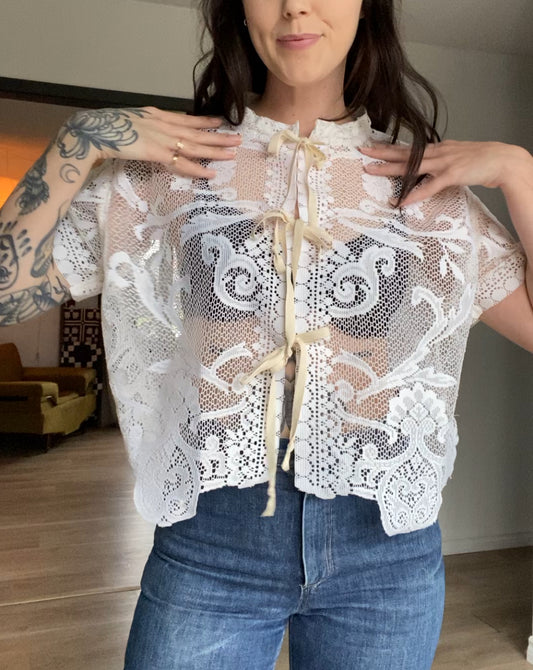 Upcycled Tie-front Lace Blouse