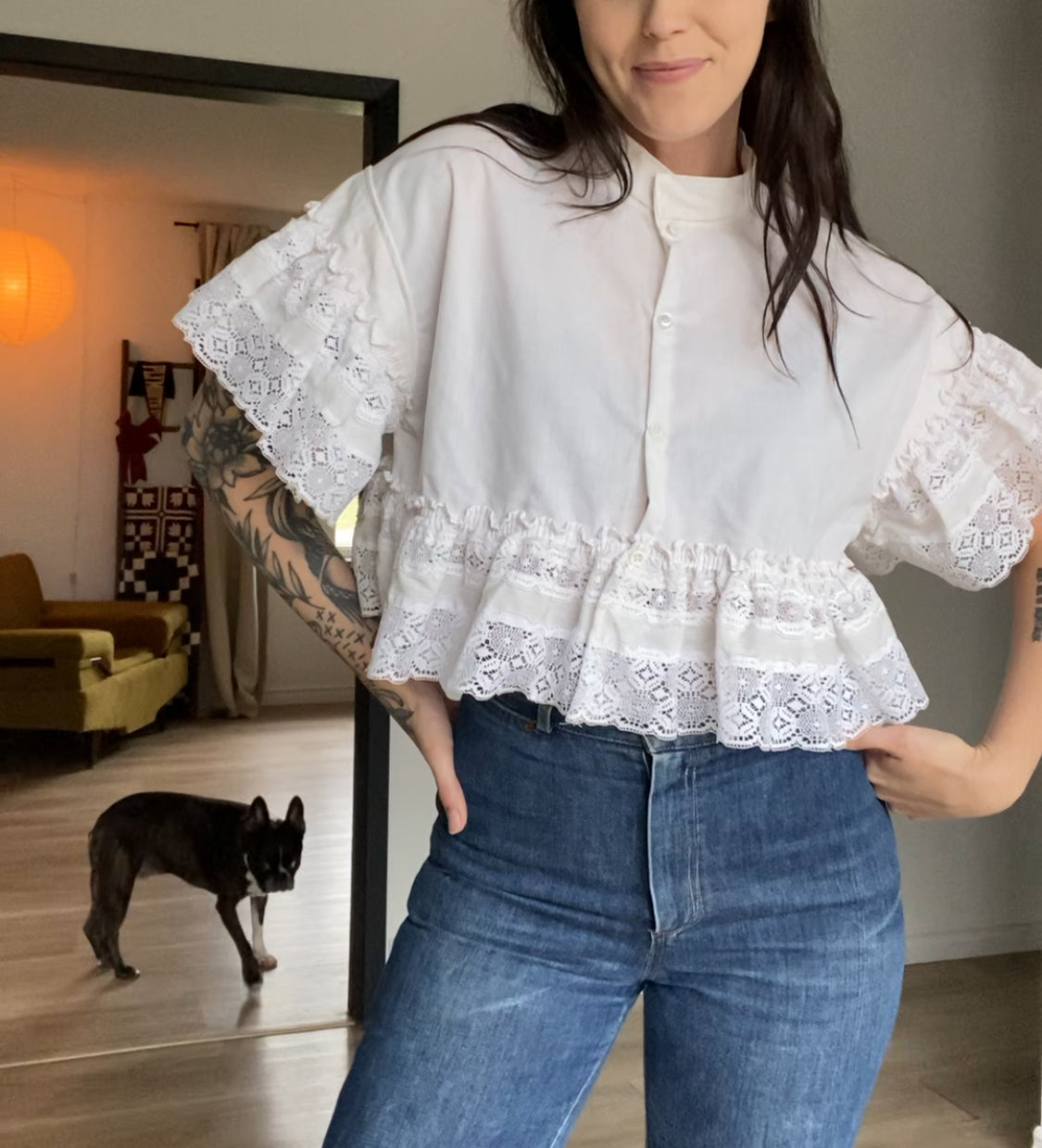 Upcycled Frilly Button Up Blouse