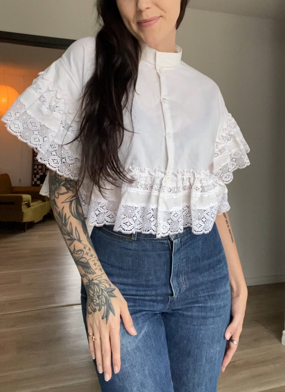 Upcycled Frilly Button Up Blouse