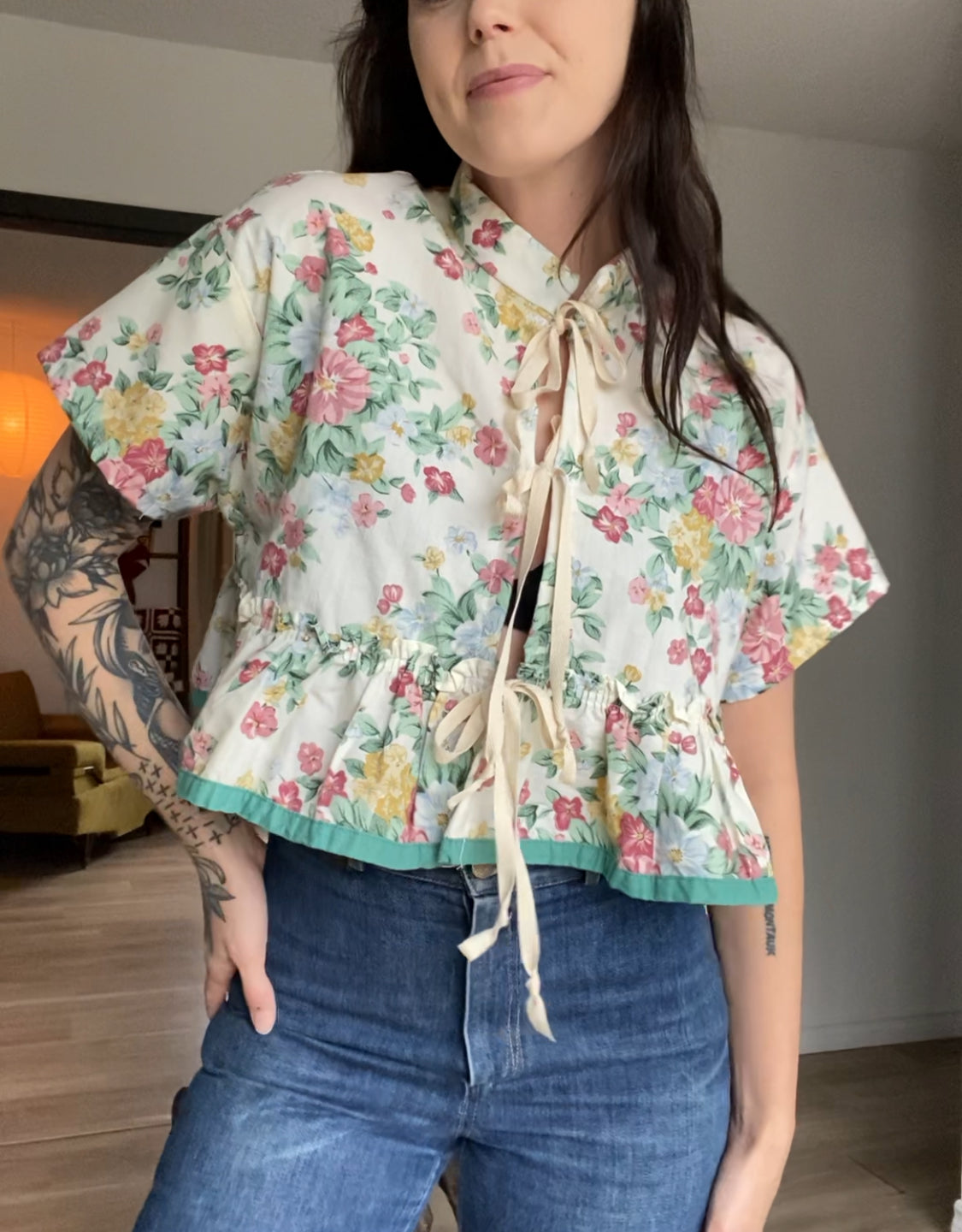 Upcycled Frilly Tie-front Blouse