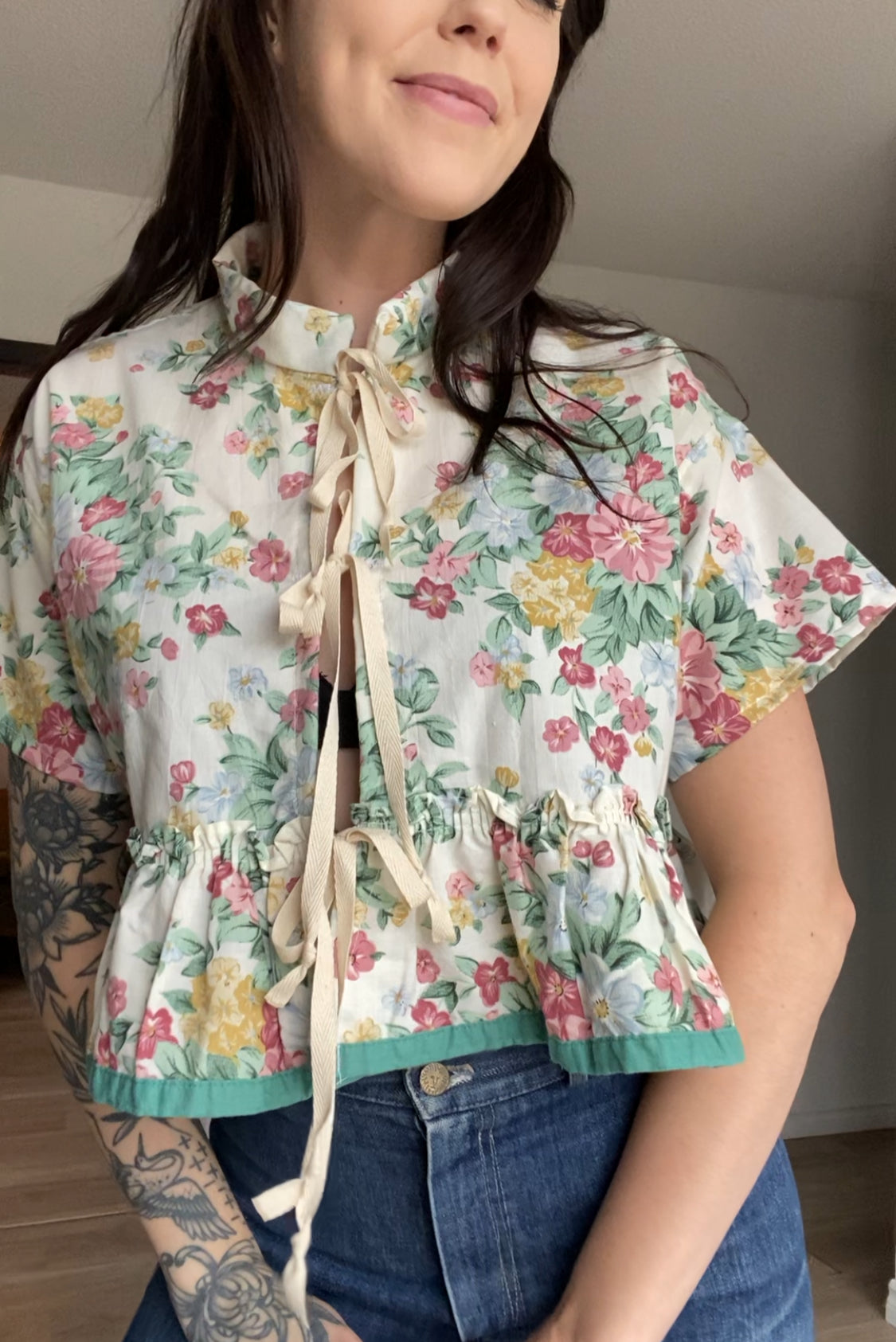 Upcycled Frilly Tie-front Blouse