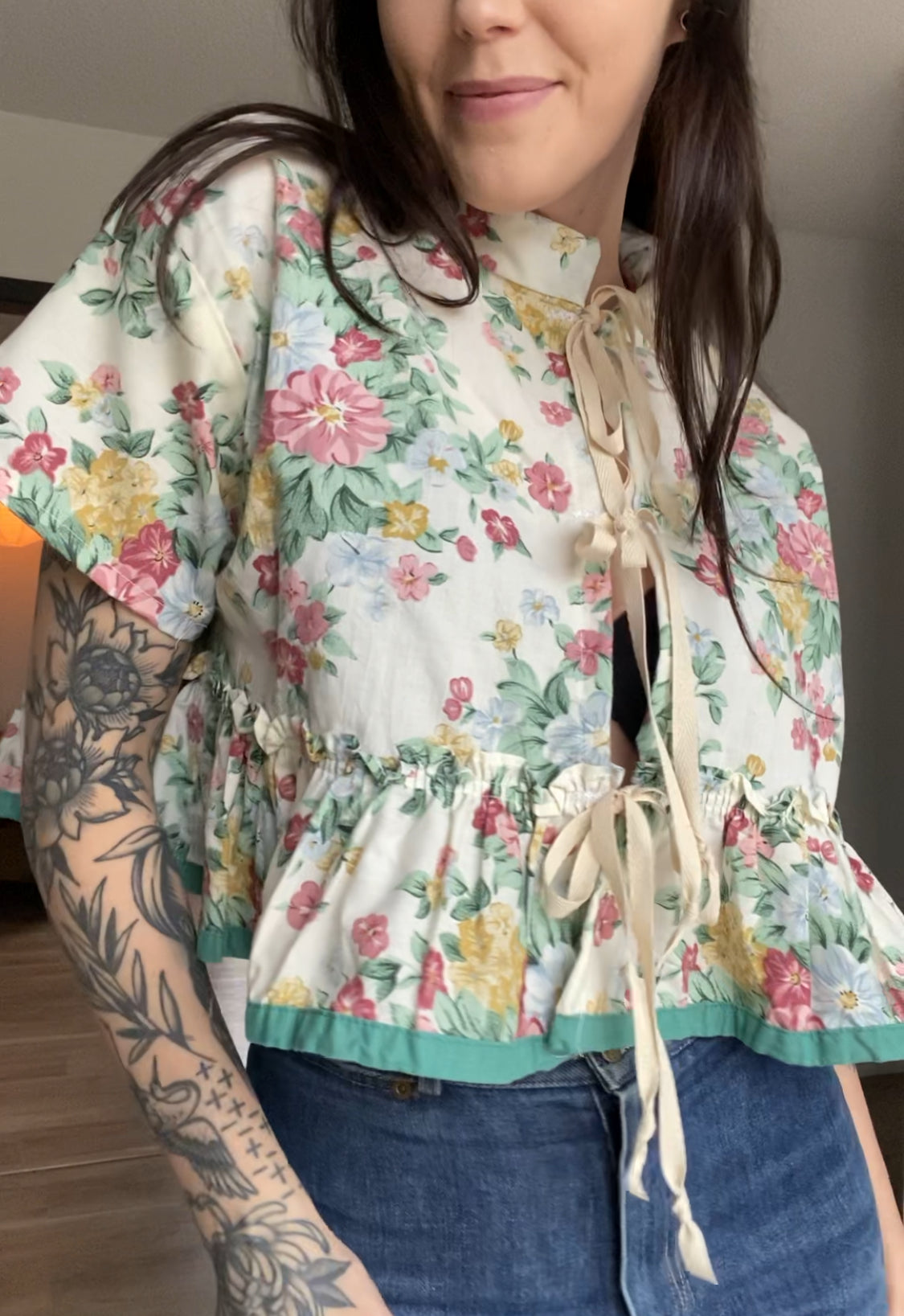 Upcycled Frilly Tie-front Blouse