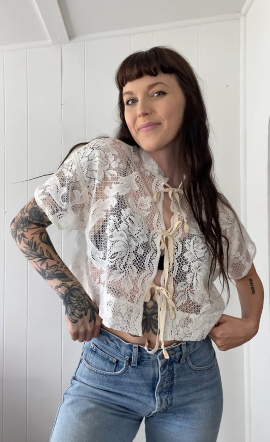 Upcycled Tie Front Lace Blouse