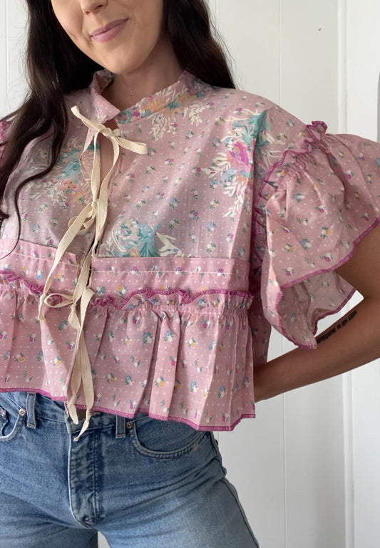 Upcycled Tie Front Blouse