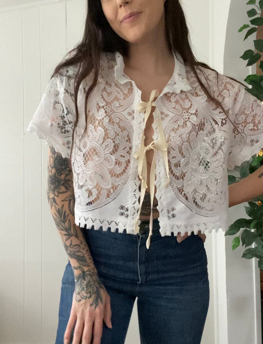 (M/L) Upcycled Tie Front Lace Blouse