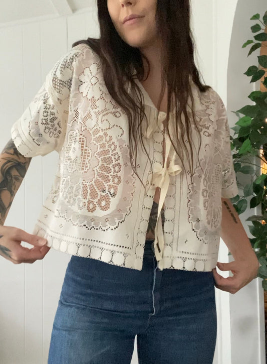 (L) Upcycled Tie Front Lace Blouse