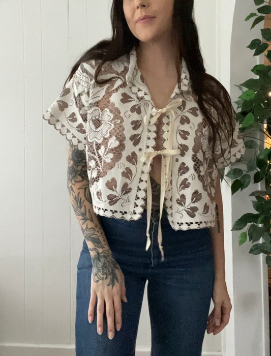 (M) Upcycled Tie Front Lace Blouse