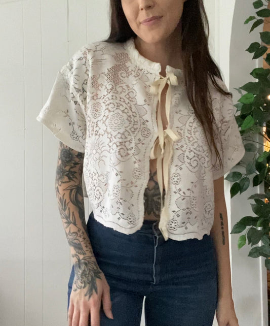 (M) Upcycled Tie Front Lace Blouse