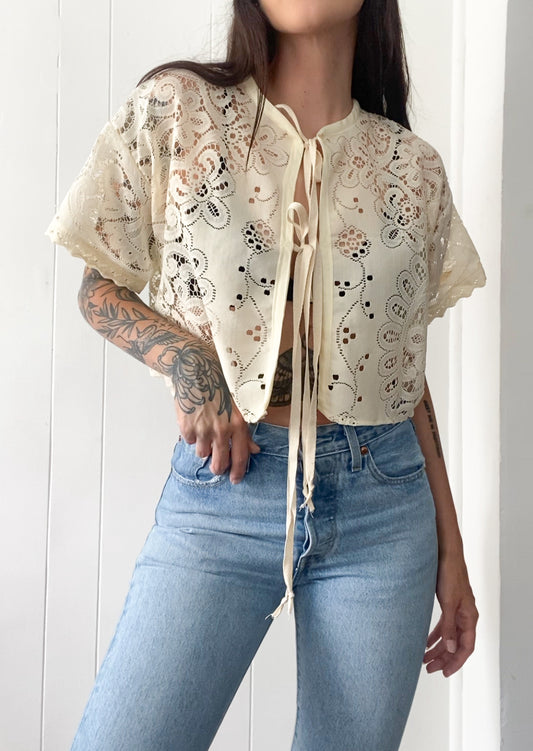 Upcycled Tie Front Lace Blouse