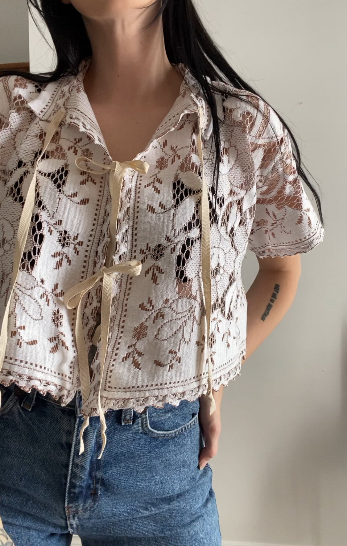 Upcycled Tie-front Lace Blouse